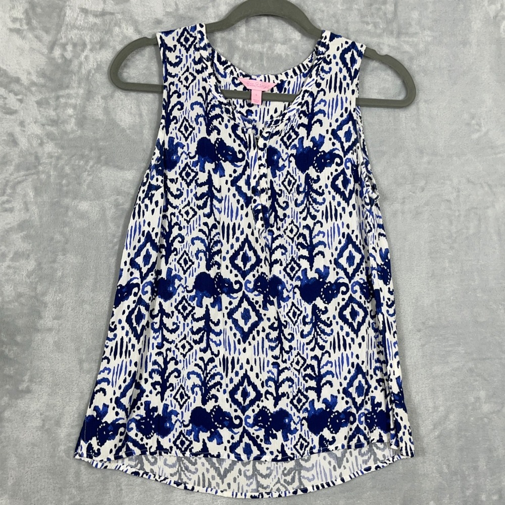 Lilly Pulitzer Womens Tank Top S Blue Elephant Ikat Print Sleeveless V-Neck Boho